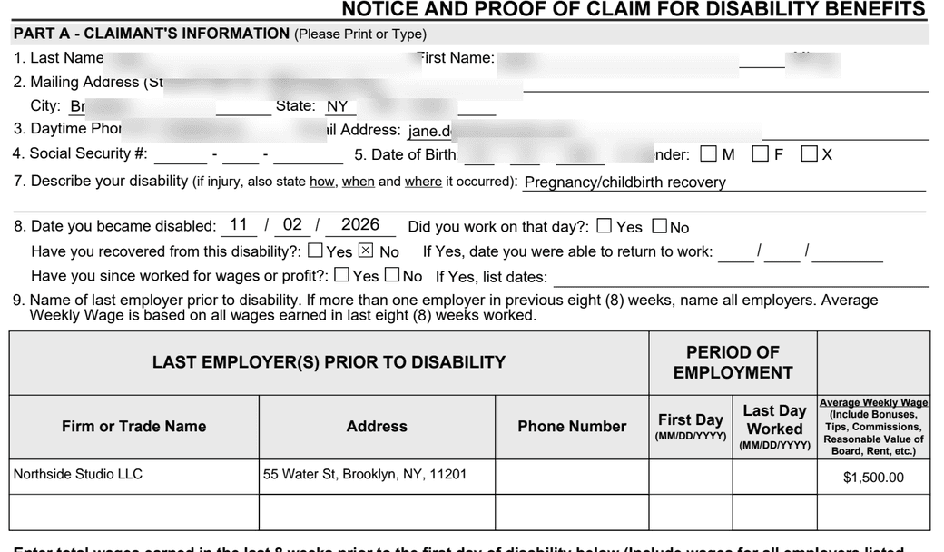 A New York DB-450 disability claim, filled in with your dates and wage — personal details redacted in this preview.